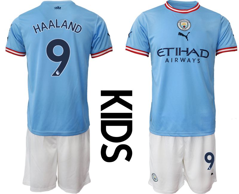 Youth 2022-2023 Club Manchester City home blue 9 Soccer Jersey